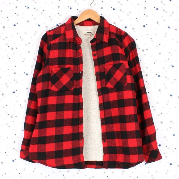 Sherpa Fur Lined Flannel Plaid Button Up Shirt Red Black Medium - Picture 2 of 7